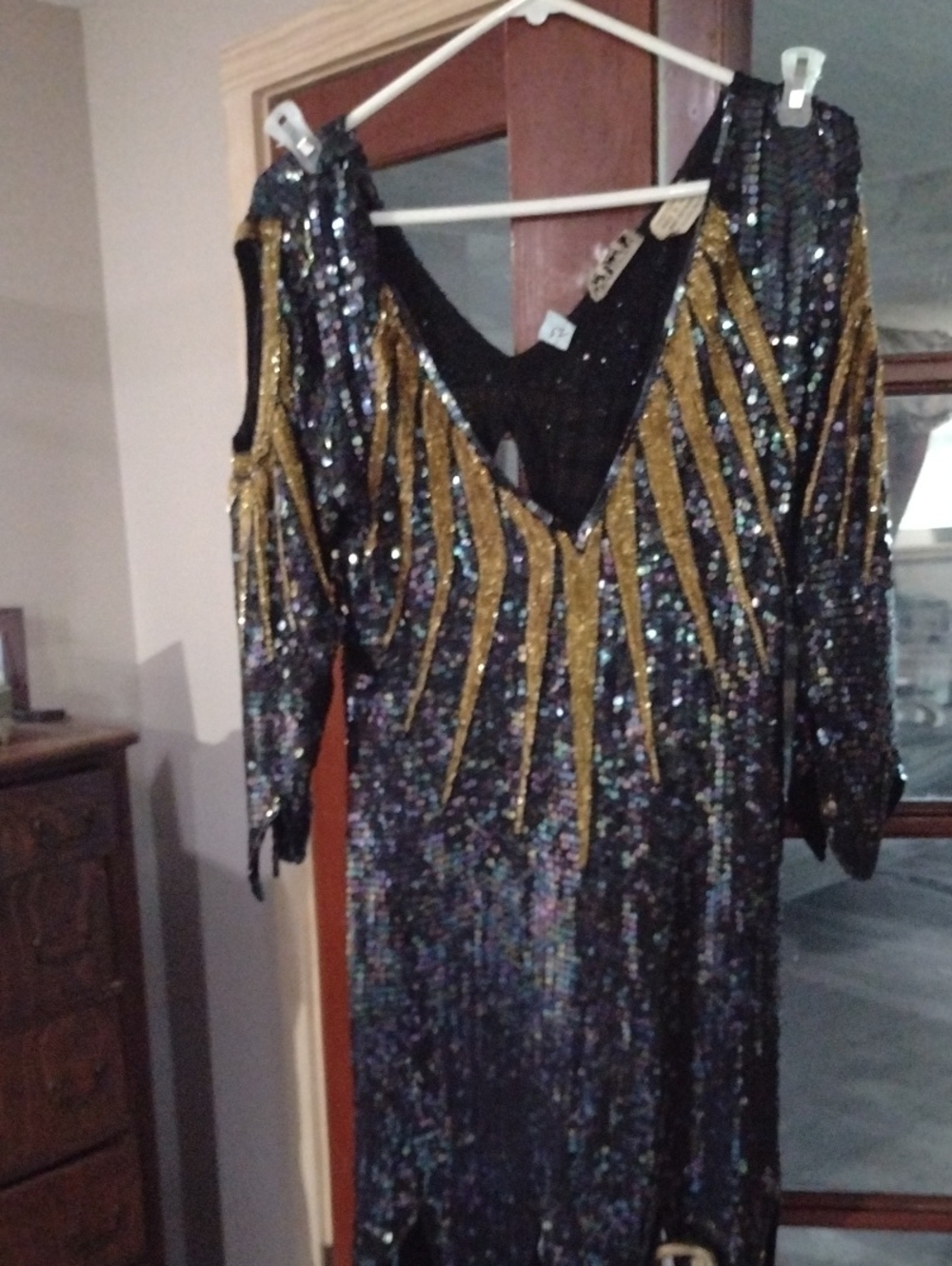 Gold-Accent Black Sequin Long-Sleeve Dress